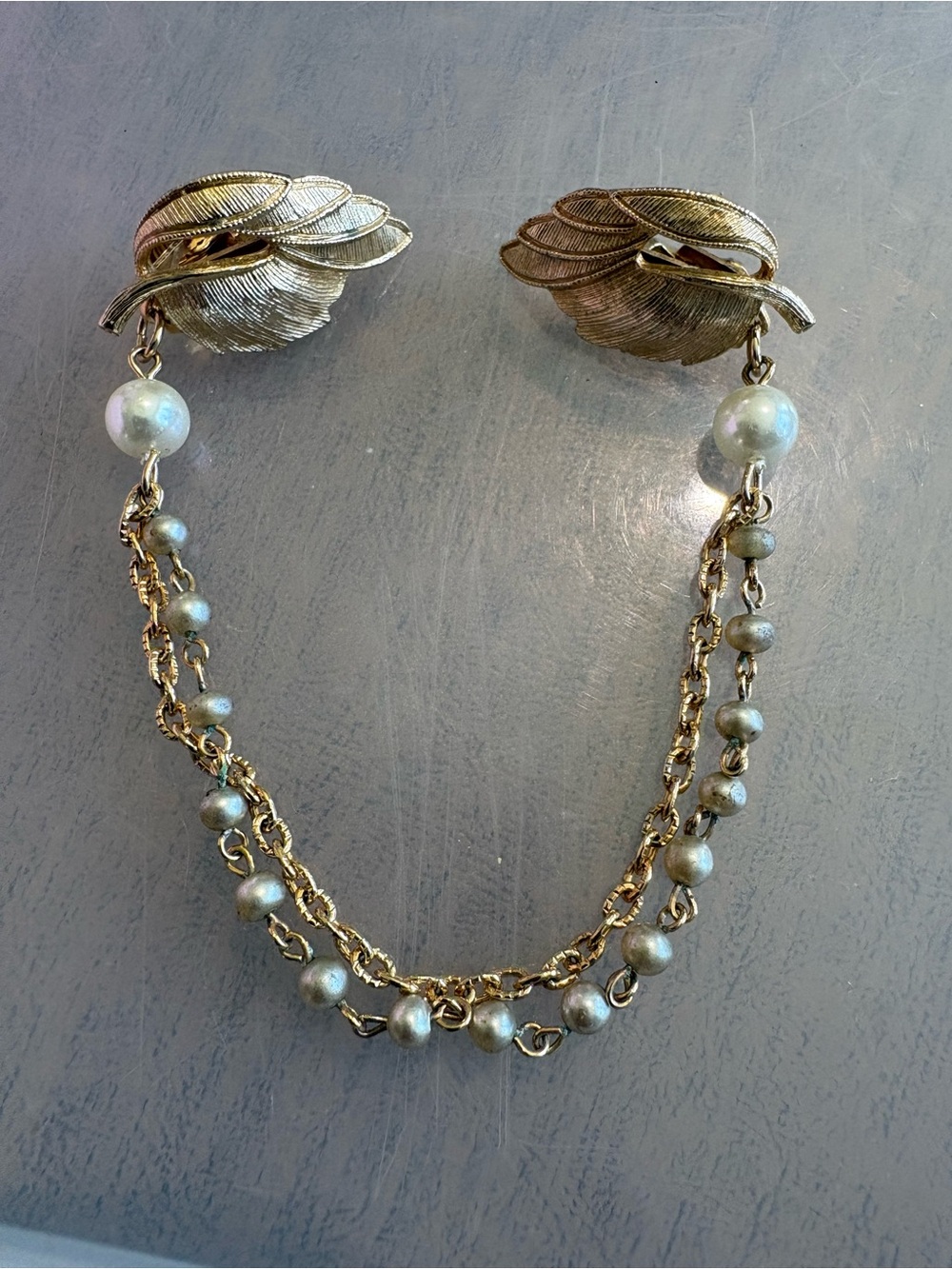 Vintage Gold Tone Leaf Cardigan Clip with Faux Pearl Drape 1950’s